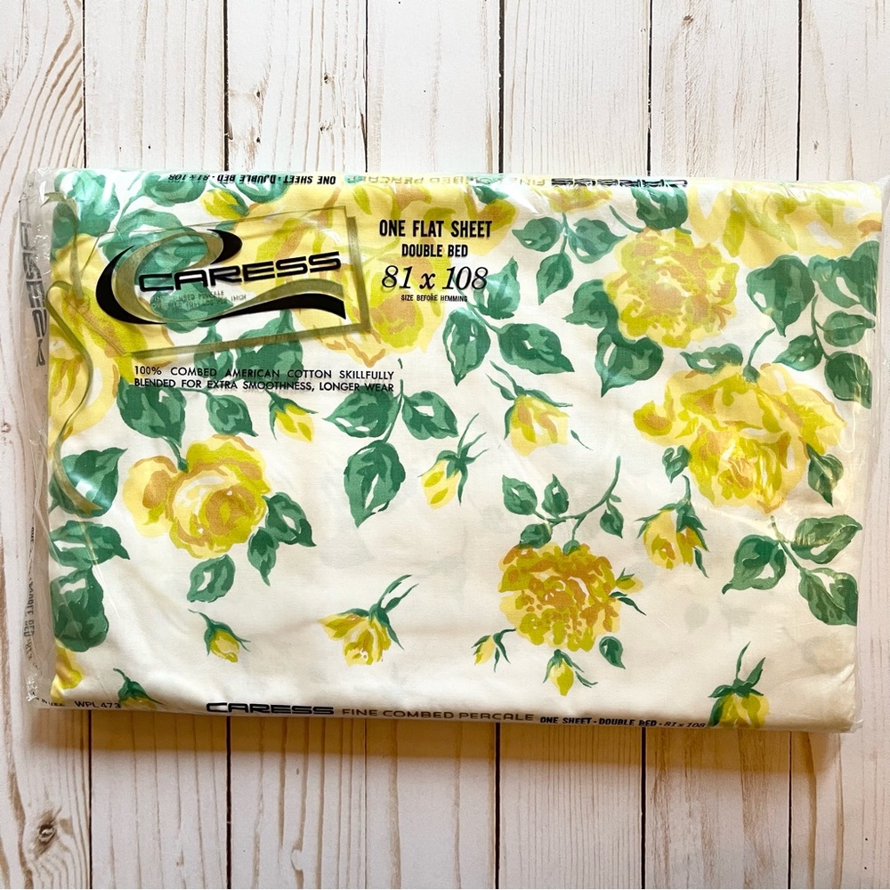 VTG Full Flat Sheet - Yellow Roses - 100% Cotton - Made In USA - NIP